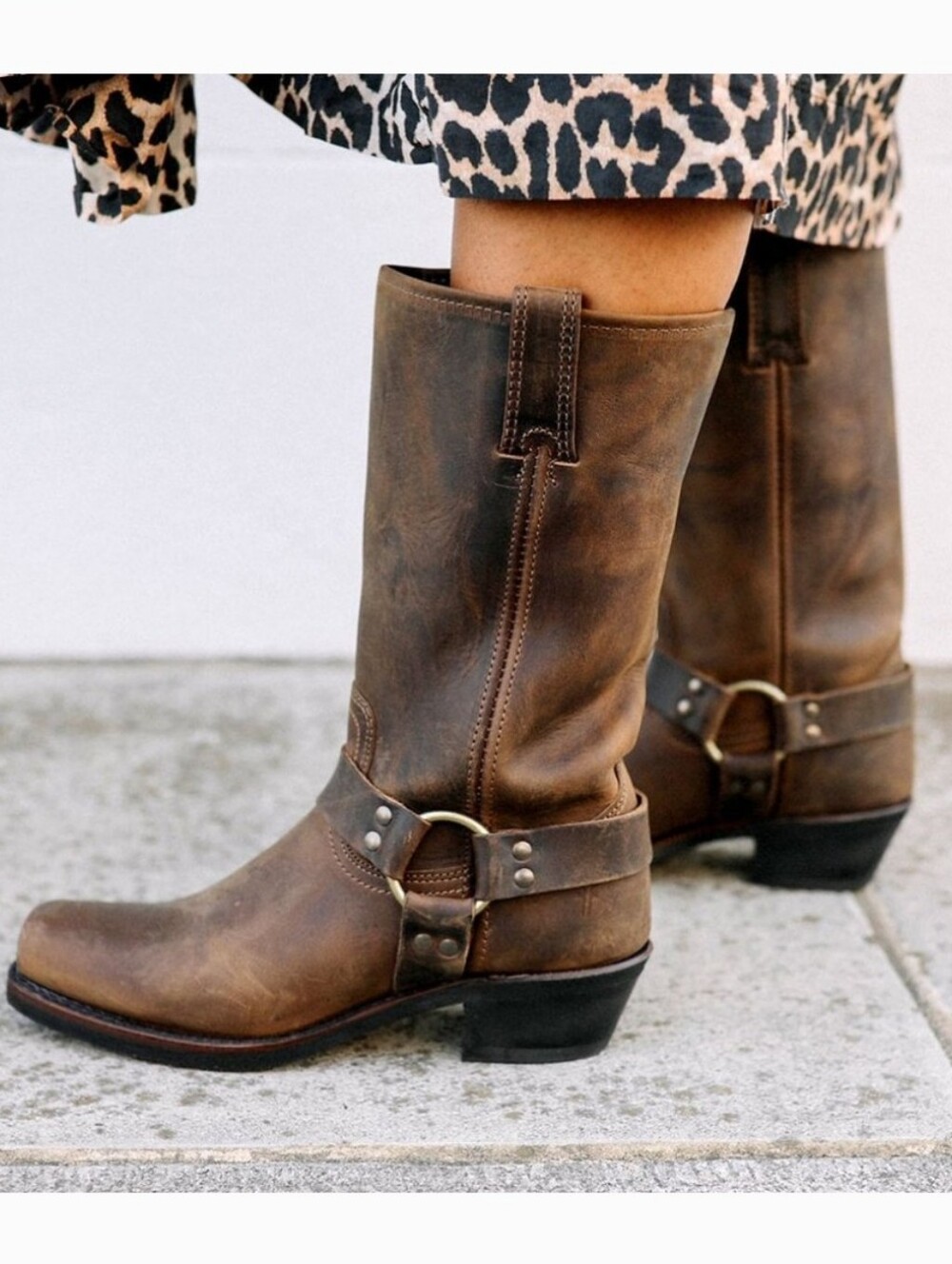 Frye | Brown Leather Women's Motorcycle Harness Square Toe Boots - Size: 7.5